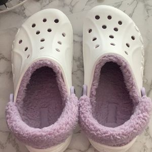 White crocs with purple cozy and fuzzy lining